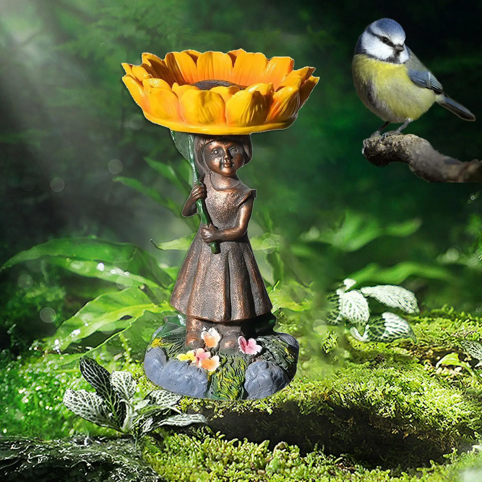 

Sunflower Girl Figurine Bird Feeder Cute Waterproof Ornament Birdbath Bowl for Lawn Courtyard Farmhouse Balcony Home Decoration