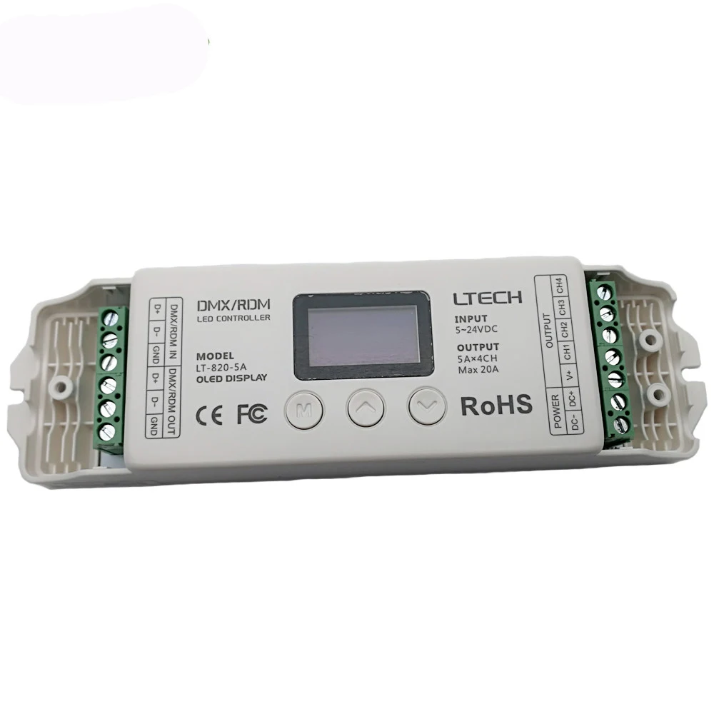 LTECH New Led DMX512 Decoder 4 Channel Output RGBW Strip Controller 12V 24V 5A/4CH  DMX Slave PWM Bits OLED Display LT-820-5A