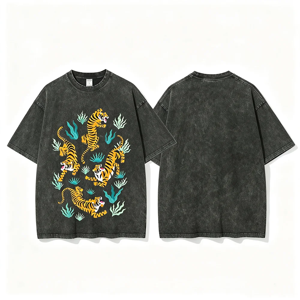 Vintage Washed Tiger Graphic T‑Shirt Unisex Retro Wild Animal Print Short Sleeve Oversized Streetwear Casual Tee