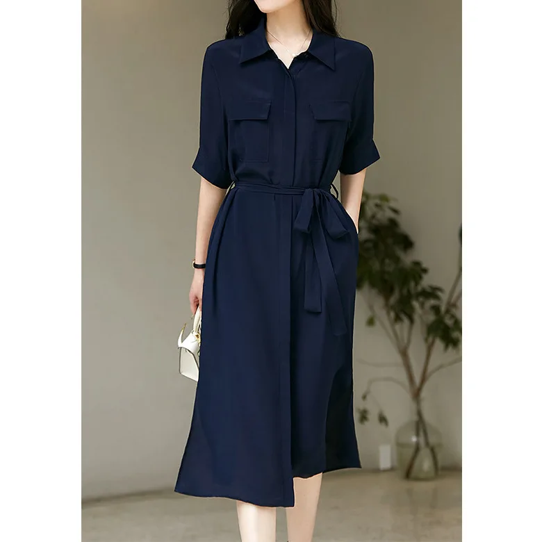 

Dark Blue 100% Mulberry Silk Dress Heavy Silk Working Dress Style Silk Dress 2023 Summer New with Belt Tie Slim Shirt Silk Dress