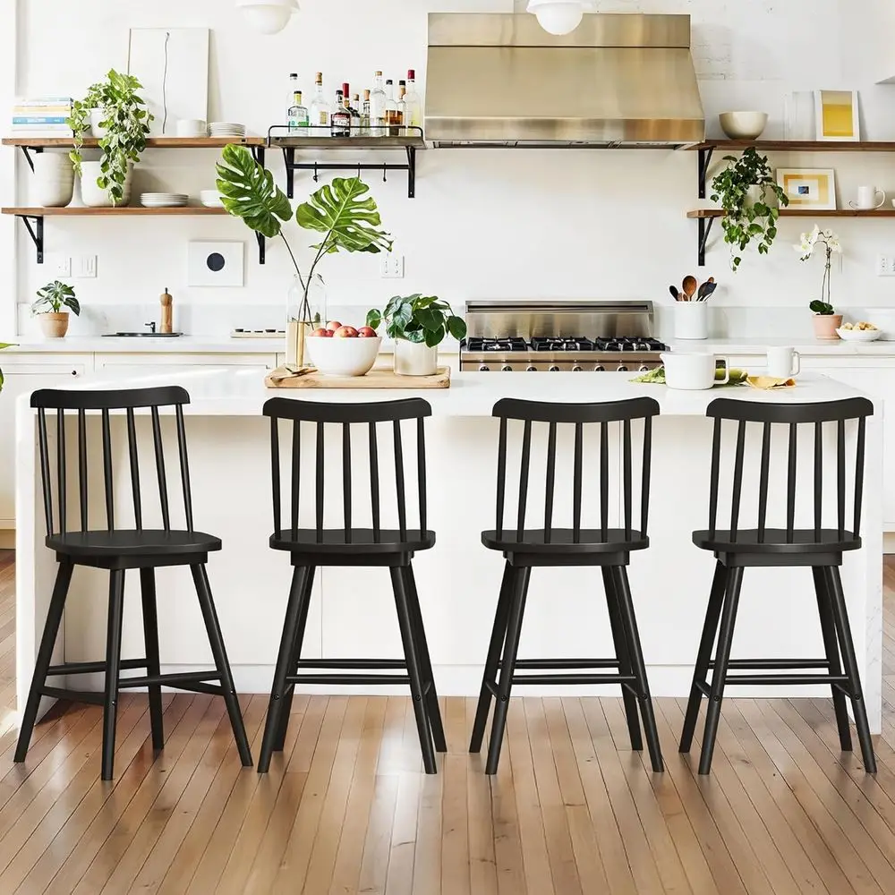 

Set of 4 Black Windsor Style Swivel Counter Height Barstools, 24 Inch Spindle Back Wooden Stools for Kitchen Island, Pub, Bistro