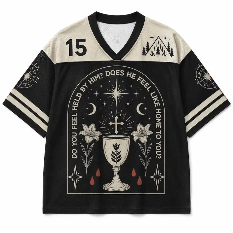 Dark Gothic Mystic Chalice Football Jersey Cross Lily Moon Star Mountain Print V‑Neck Number 15 Short Sleeve Sports Tee Top