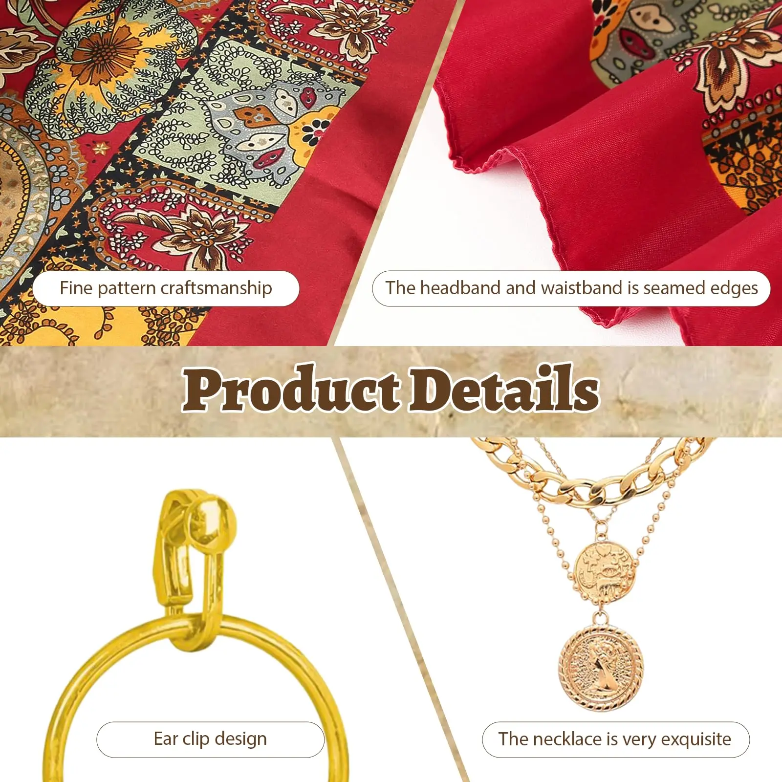 อุปกรณ์เสริมชุดโจรสลัดสำหรับผู้ใหญ่ ผ้าโพกหัวโจรสลัดสีแดงสำหรับผู้หญิง ผ้าพันคอ สายคาดเอว เครื่องประดับ สร้อยคอ ต่างหู ผ้าปิดตา สำหรับคอสเพลย์ฮาโลวีน