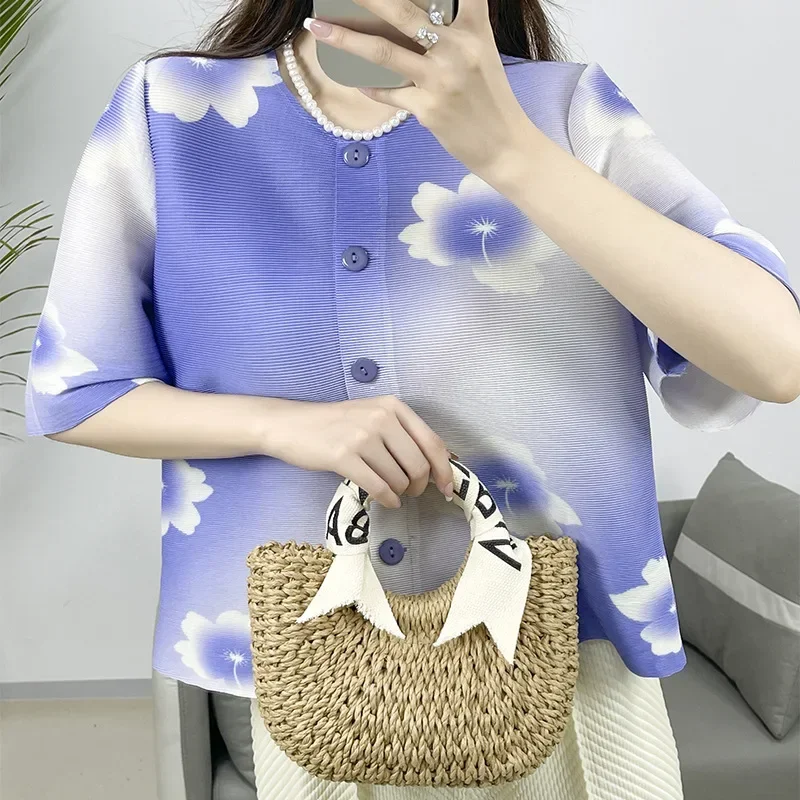 

ALSEY Pleated 2024 Summer New Casual Printed Fashion Five-quarter Sleeve Shirt Tops Women's Loose and Versatile Cardigan