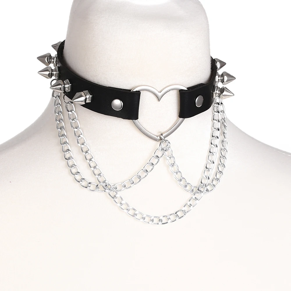 Punk Spiked Choker Necklace For Women Girls Goth Heart Chocker With Chain Leather Collar Jewelry Gothic  Accessories