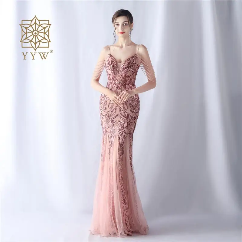 Mermaid Long Evening Dress For Women Pink Strap V Neck Maxi Wedding Vestido Elegant Evening Sequin Embroidery Ceremony Ball Gown