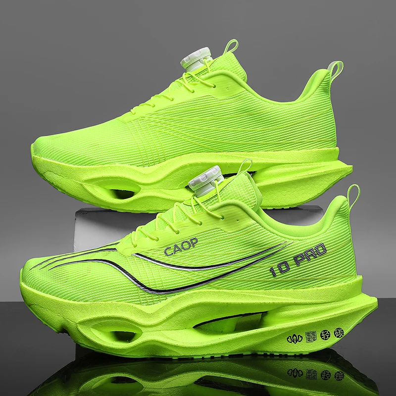 Men Carbon Plate Running Shoes Rotating Buckle Lightweight Breathable Sneakers Shock Absorption Athletic Training Sports Shoes