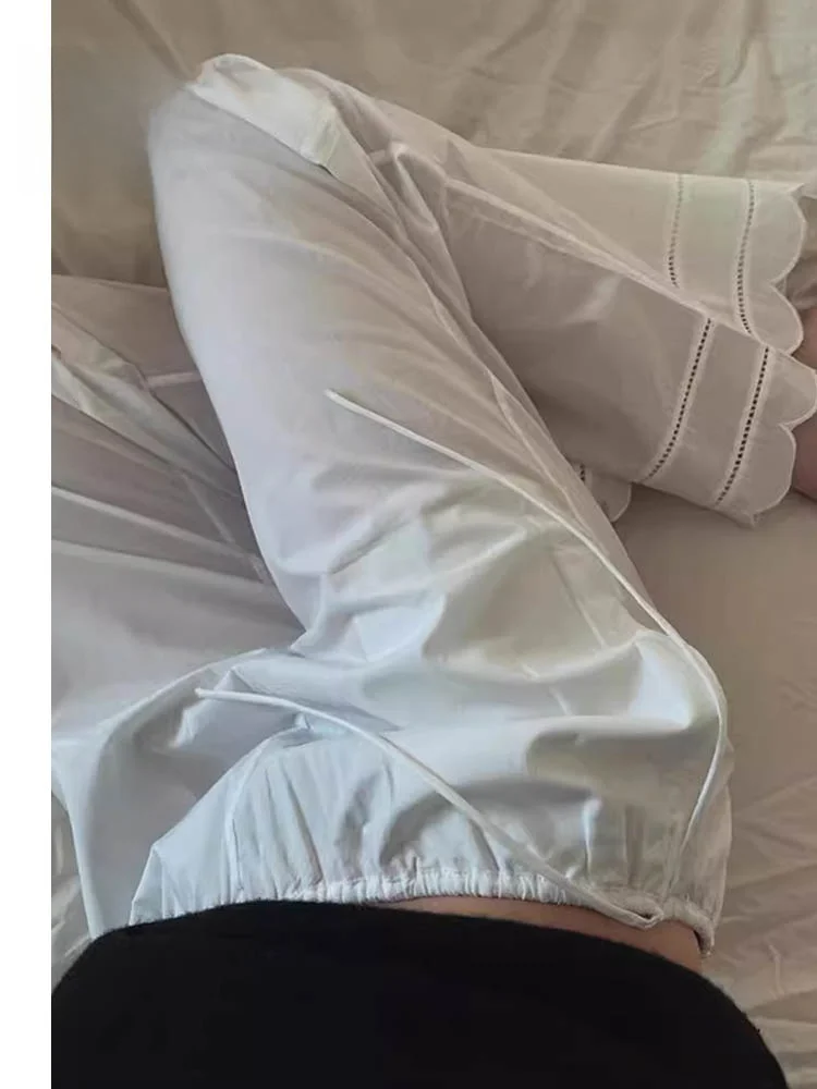 

Nordic Sle Pure Cotton Embroidered Lace Long Pants White Hollow out Straight Casual Dstring Trousers Versatile for Bloggers