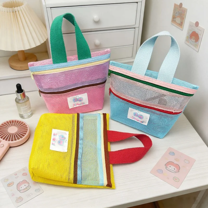 Women's Color-Block Mesh Makeup Bag with Top Handle and Cute Patch Wash Cosmetic Pouch for Daily Travel Essentials Storage