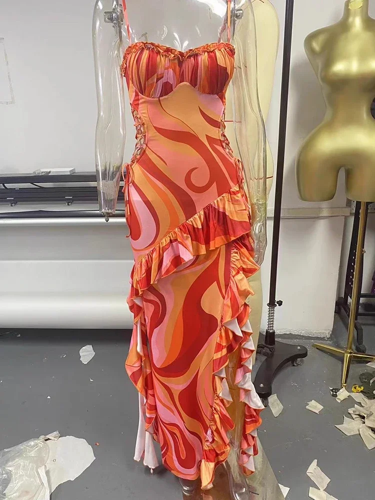 Print Ruffle Cut Out Sexy Maxi Dress Women Fashion Spaghetti Strap Sleeveless Backless Club Party Long Dress Female 2025