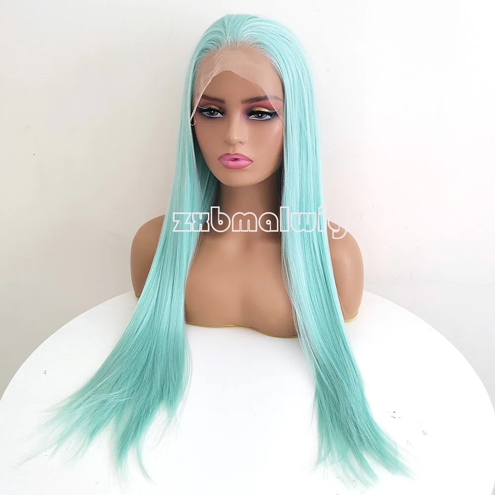 ZXBMALWIGS Synthetic Hair Straight Mint Green 26Inches Transparent Lace Front Wigs for Black Women Glueless Cosplay