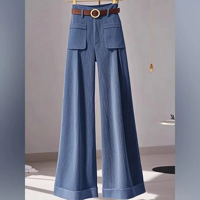 

Blue wide-leg pants women's winter new fashionable and foreign versatile drape small high-waisted thin straight jeans