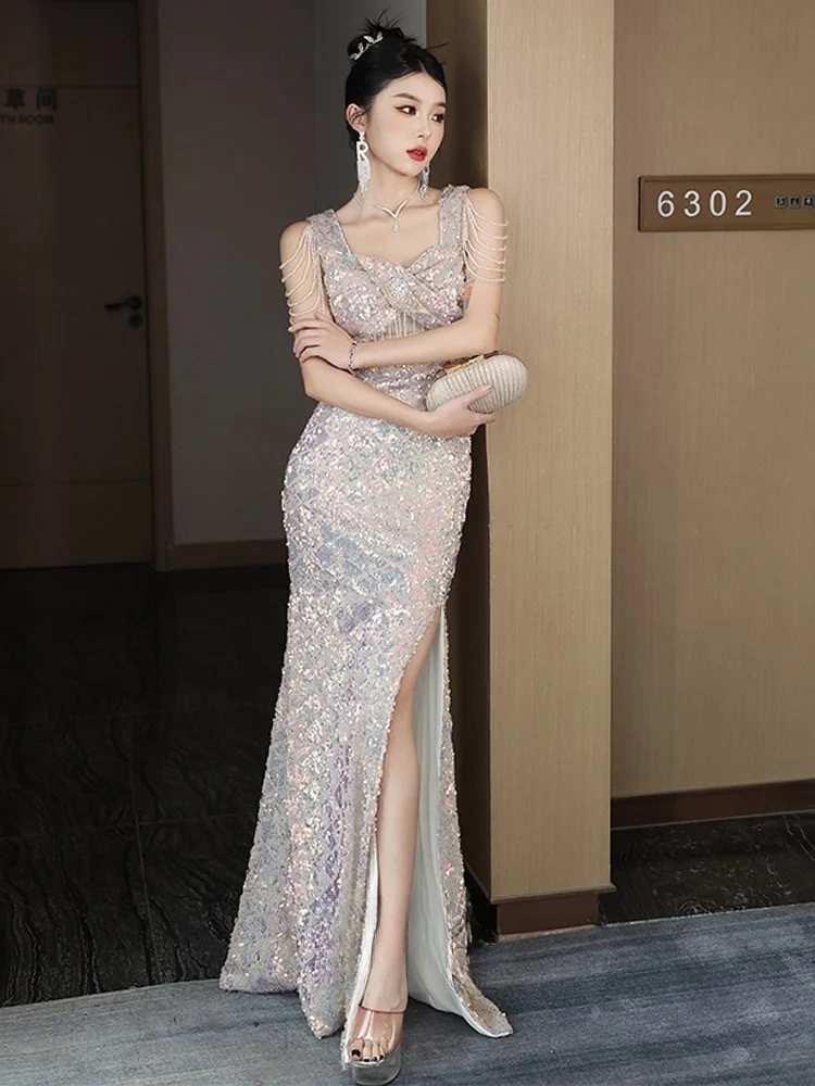 

A new high-end custom dress with fringes for banquets featuring light luxury fishtail sequined style