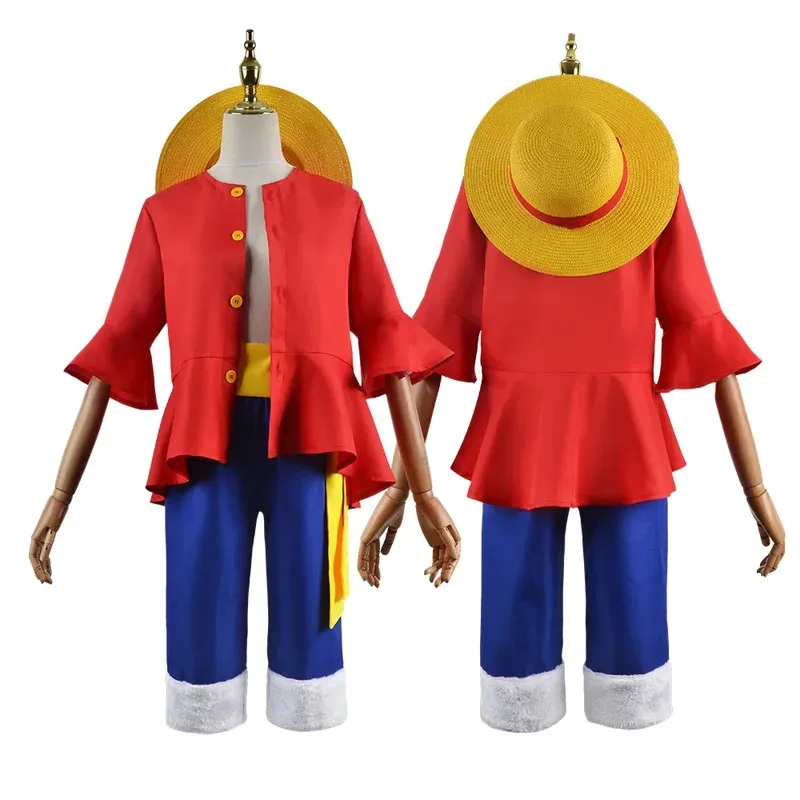 Disfraz de Cosplay de Luffy de Anime para niños y adultos con sombrero de paja para niños, uniforme de Carnaval de Halloween, abrigo, pantalones, cinturón, conjunto completo de vestir