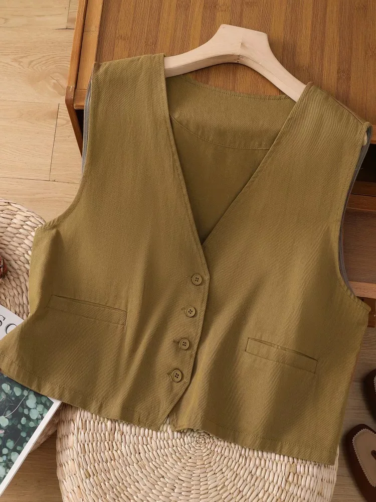 Beige Coffee Cotton Suit Vest For Women Spring Summer V-neck Button Sleeveless Short Jacket Cardigan Elegant Lady Waistcoat Tops