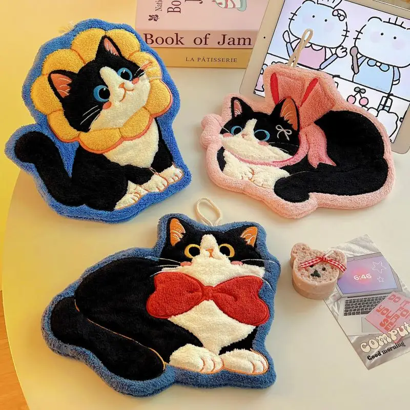 Kawaii Cat Cartoon Coral Velvet Hand Towel Absorbent Bathroom Hanging Clean Rag Kitchen Wipe for Cleaning