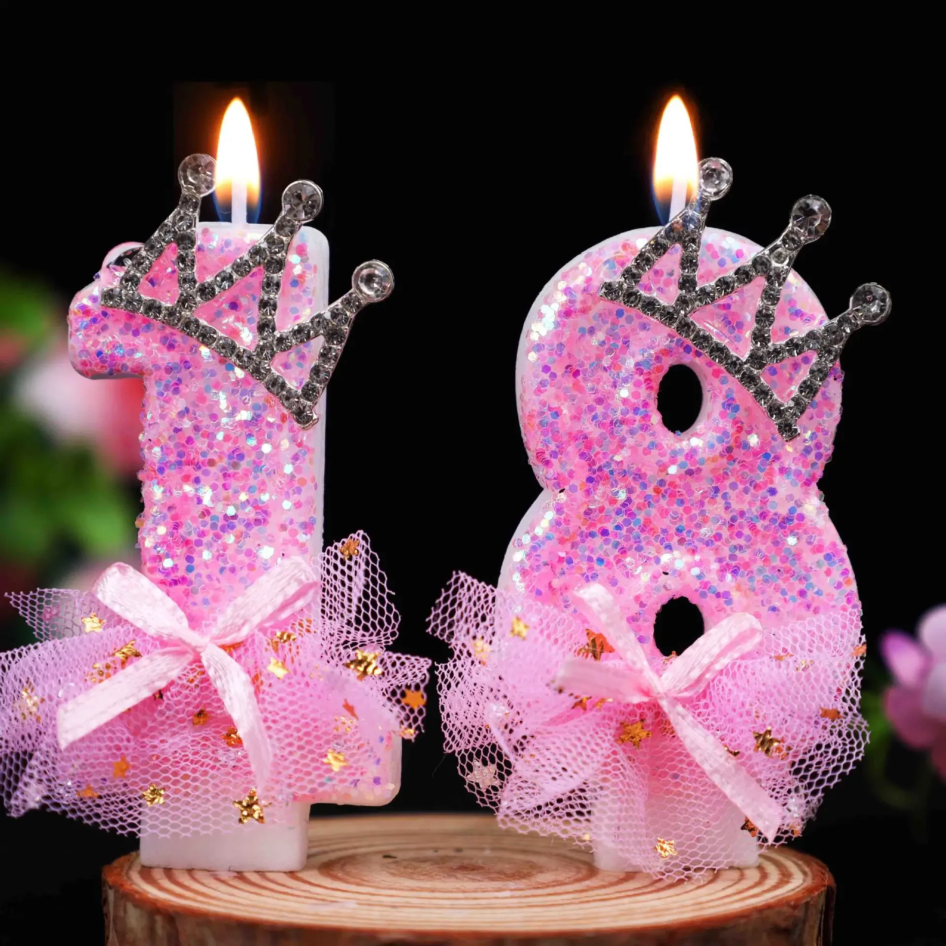 Pink sparkling digital birthday candles, crown and pink chiffon bow, princess themed cake candles