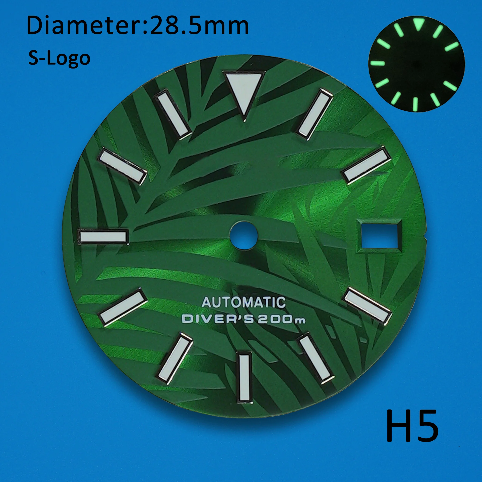 28.5mm Bamboo Leaf Watch Dial Green Luminous Modified Dial Suitable For NH35/36/4R/7S Automatic Movement S Logo