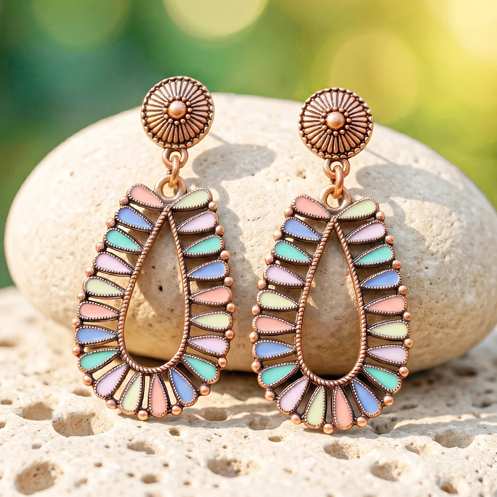 Bohemian-Style Vintage Bronze Teardrop Earrings Featuring Macaron-Colored Enamel Design Ladies' Jewelry for Parties andVacations