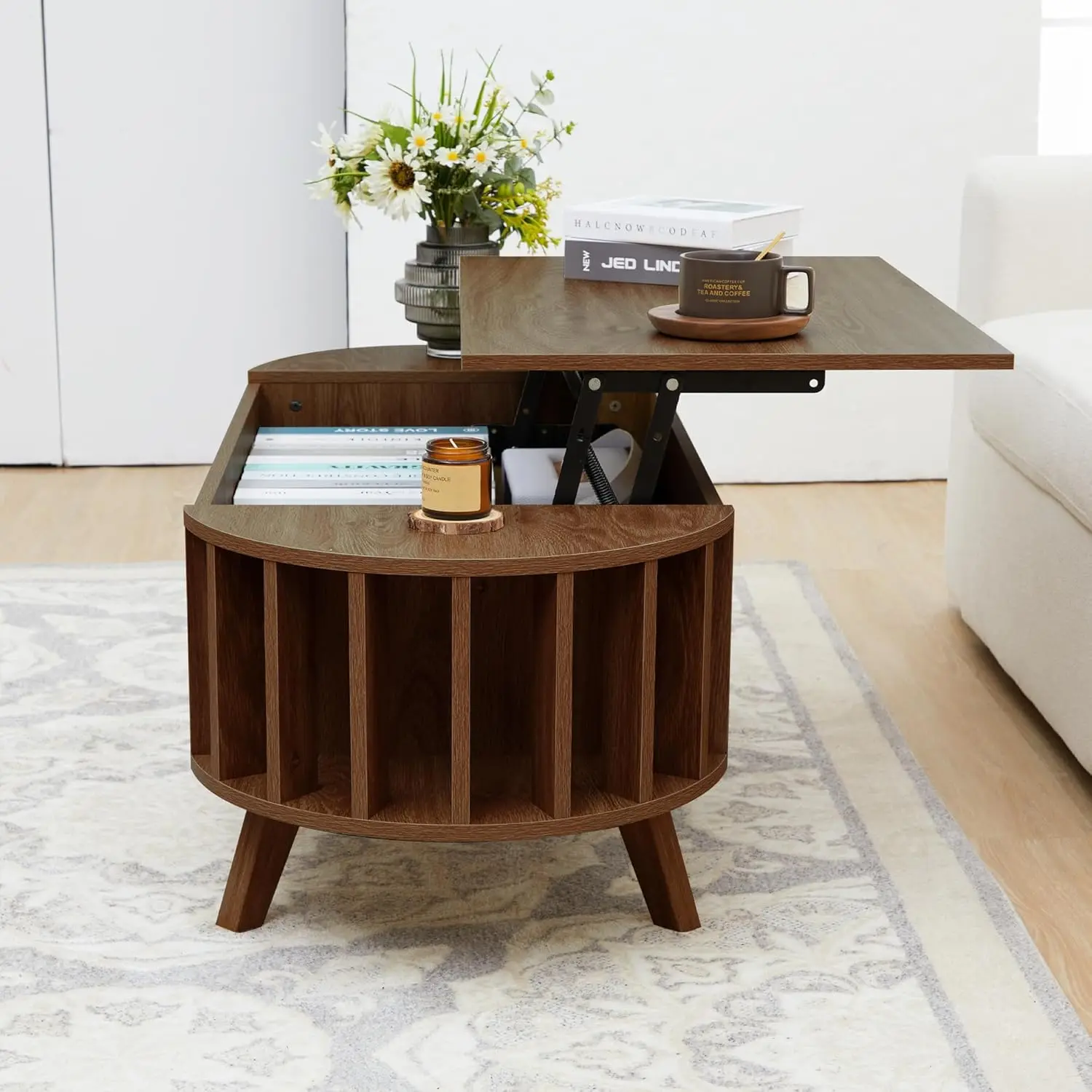 47.3" Lift Top Coffee Table with Hidden Storage, Small End Table with Curved Edge Design, Oval Center Table with Lift Tabletop