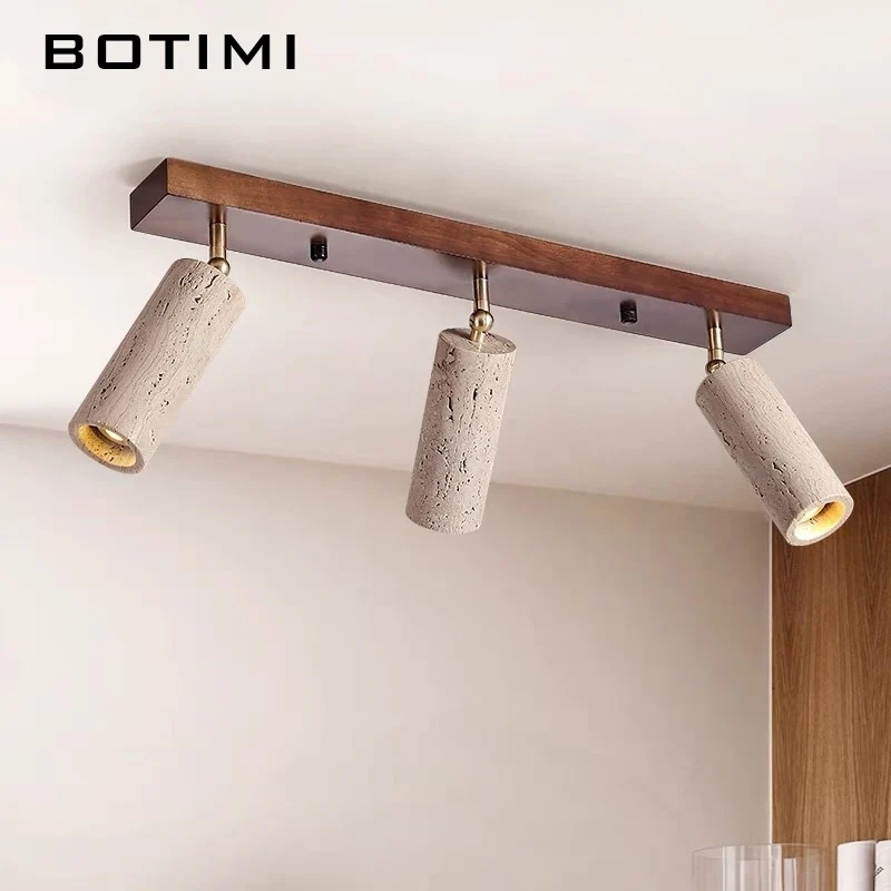 

BOTIMI Yellow Travertine LED Ceiling Light For Living Room Triple Stone Surface Mounted Wooden Base Bedroom Corridor Lighting