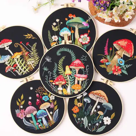 New Mushroom Flower Black Cloth Pattern Embroidery Kit Set with Needle Instruction Stamped Clothes Kit for Room Decor