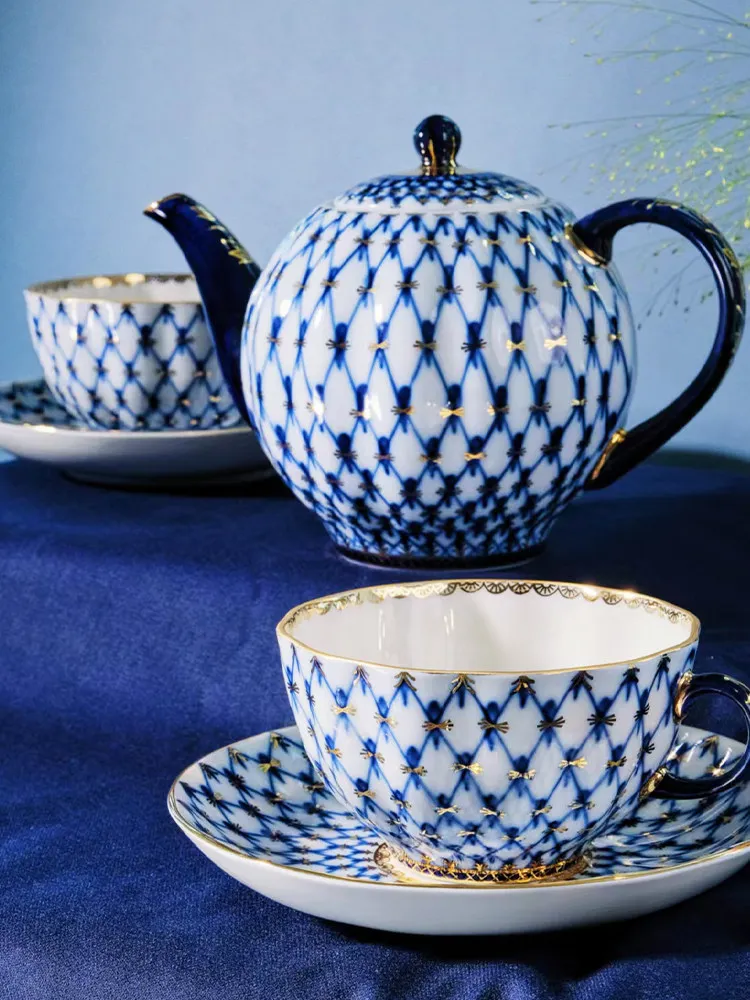 YFY cobalt blue mesh pattern afternoon tea set - premium exquisite ceramic coffee cup and saucer set 4