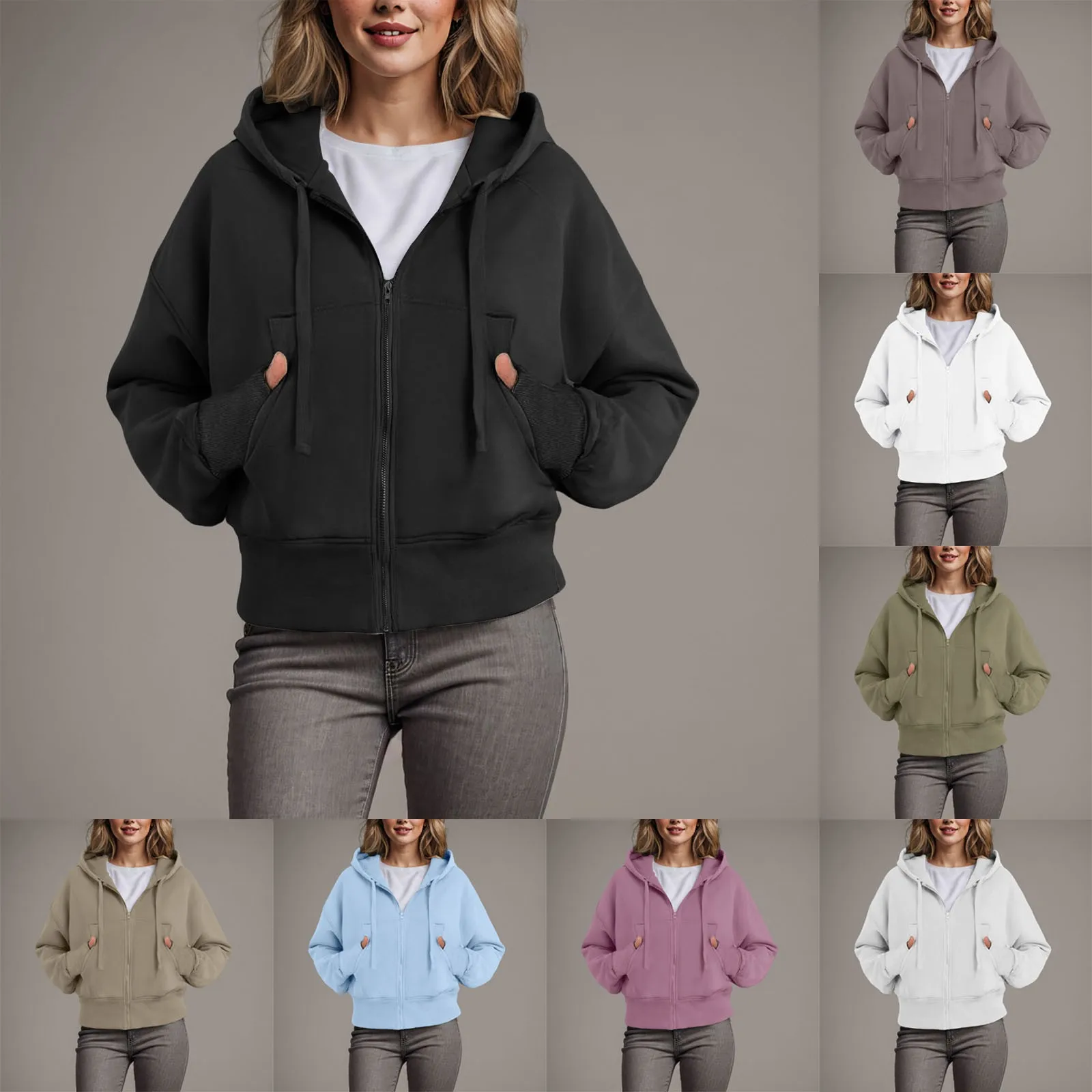 Korean Style Vintage Cropped Zip-Up Hoodies For Women Loose Fitted Workout Hooded Jackets Solid Color Drop-Shoulder Sweatshirts