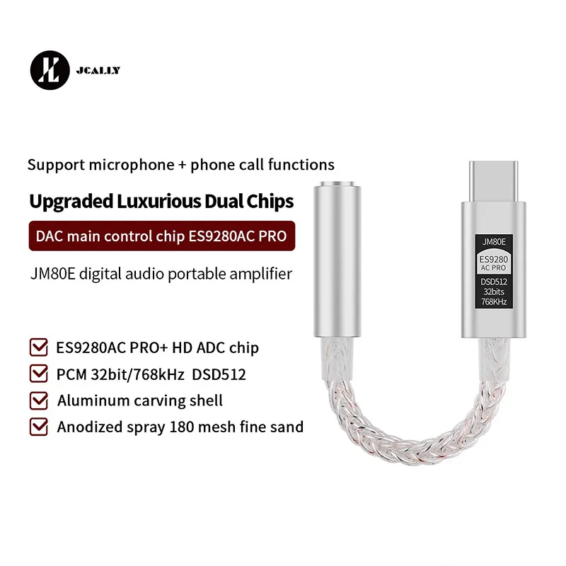 JCALLY JM80E ES9280AC PRO DAC Chip Audio Digital Protable Headphone Amplifier Tipe C hingga 3.5 PCM 32 bit/768kHz DSD512 Mendukung Mic