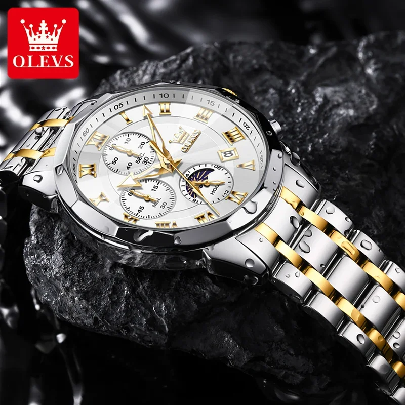 OLEVS Men Watch Brand Business Stainless Steel Date Chronograph Luxury Waterproof Moonphase Men Quartz Watch Reloj Hombre 3675