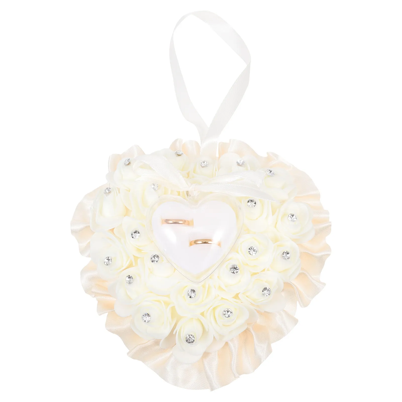 

Wedding Rose Heart-Shaped Ring Pillow Flower Decorative Rhinestone Bridal Ring Cushion Case Romantic Wedding Accessory