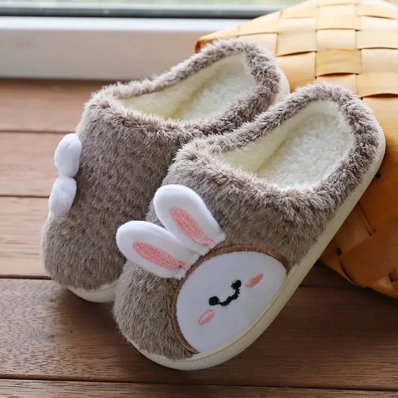 New Children\'s Home Slippers Winter Boys Girls Cute Flip Flops Rabbit Indoor Velvet Non-slip Wooden Floor Furry Warm Cotton Shoe