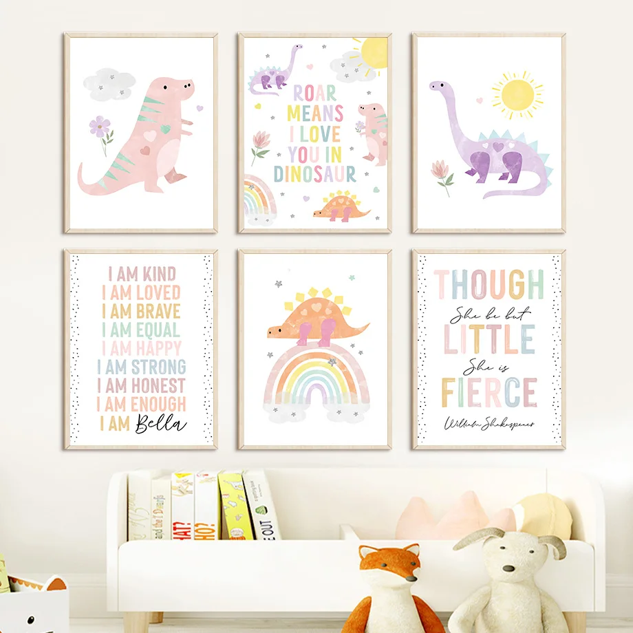 Kawaii Colorful Dinosaur Rainbow Sun Quotes Wall Art Posters Prints Nordic Canvas Painting Cartoon Pictures For Kids Room Decor