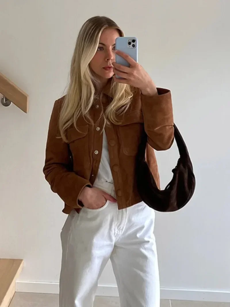 Fashion Brown Slim Fit Suede Short Jackets Women's Vintage Single Breasted Long Sleeves Cropped Coats Chic Lady Autumn Outerwear