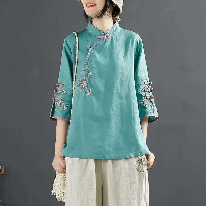 

High Street Casual Loose Pure Cotton Pullovers Elegant Embroidered Tops Summer Stand Collar Three Quarter Fashion Blouse Women