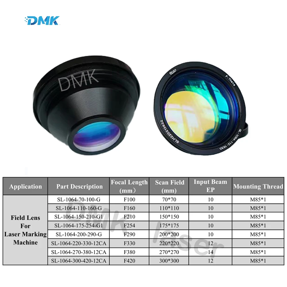 DMK F-theta Scan Lens Field Lens 70×70-300×300 F100-420mm for 1064nm YAG Optical Fiber Laser Marking Machine Parts