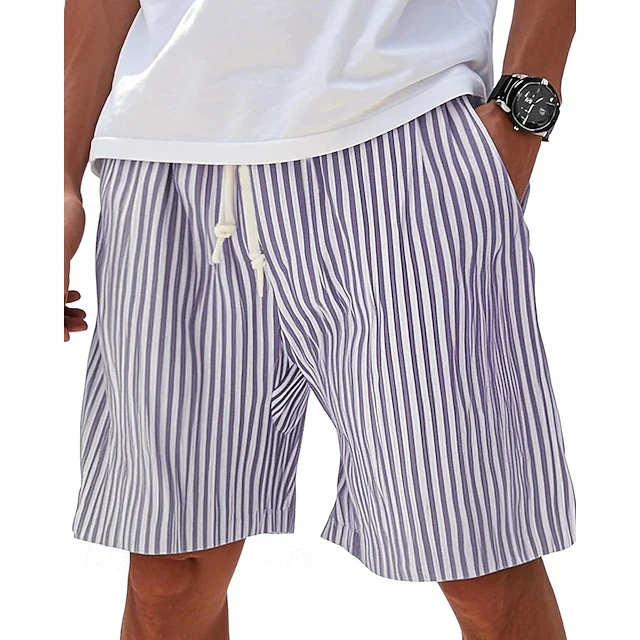 

Minimalist Men Blue White Striped Beach Shorts Casual Drawstring Swim Trunks For Summer Daily Wear Vacation Oversized Shorts