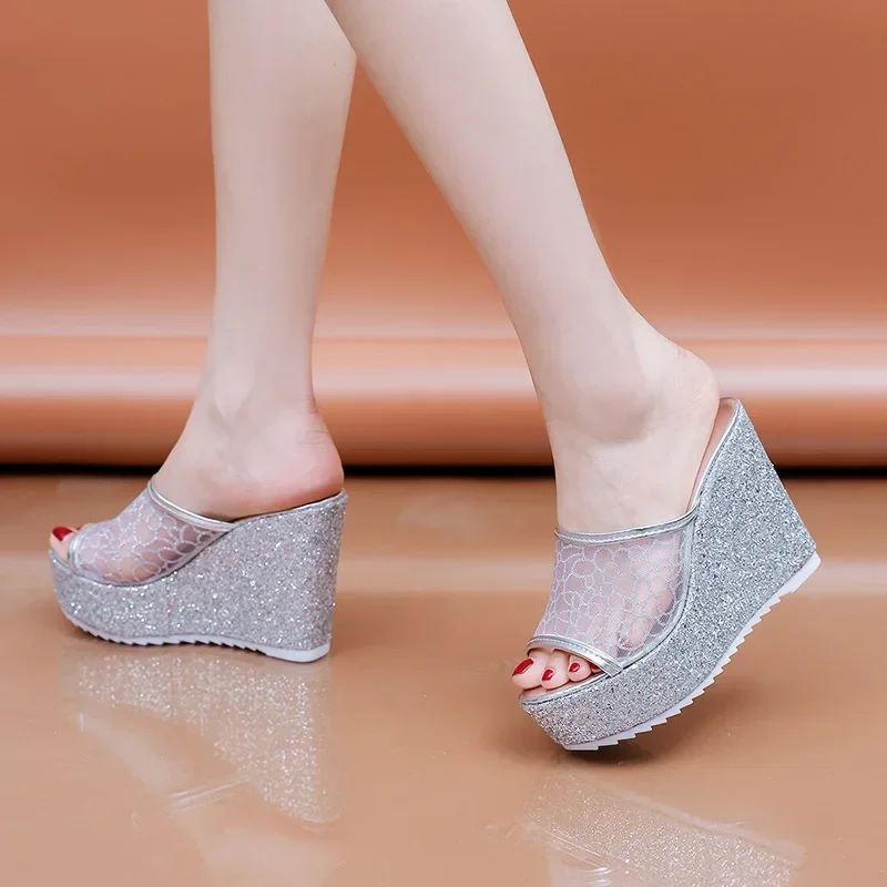 2023 Bling Golden Women Slippers Summer Shoes Platform(4cm) Outside Fitting-room 11cm High Heels Wedges Solid Mesh Female Slides