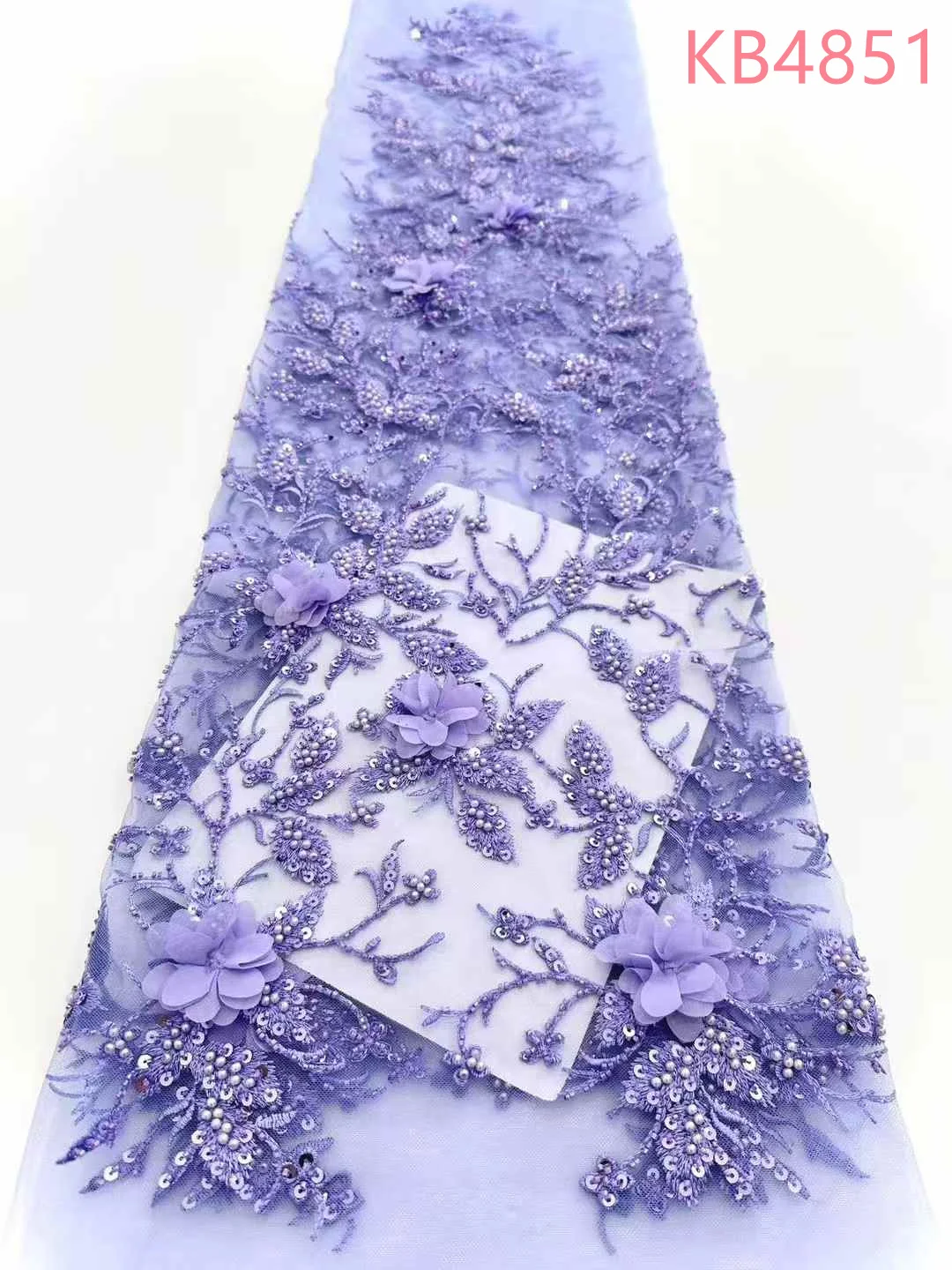 

African Lace Fabric 2024 High Quality 3D Flower Beaded Lace Fabrics Purple Lilac Fabric Elegant Dresses For Women KB4851
