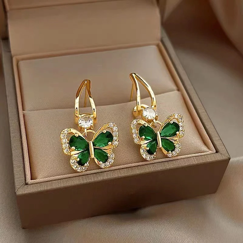 925 Silver Needle Vintage Green Crystal Butterfly Drop Earrings for Women Jewelry 2023 Trending Luxury Zircon Women's Earrings