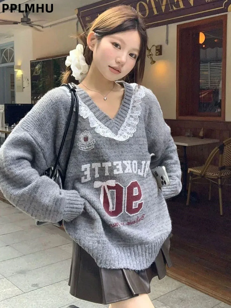 

Винтажный вязаный свитер с v-образным вырезом и надписью, кружевной лоскутный женский повседневный пуловер, джемперы, мешковатые модные мягкие трикотажные пуловеры