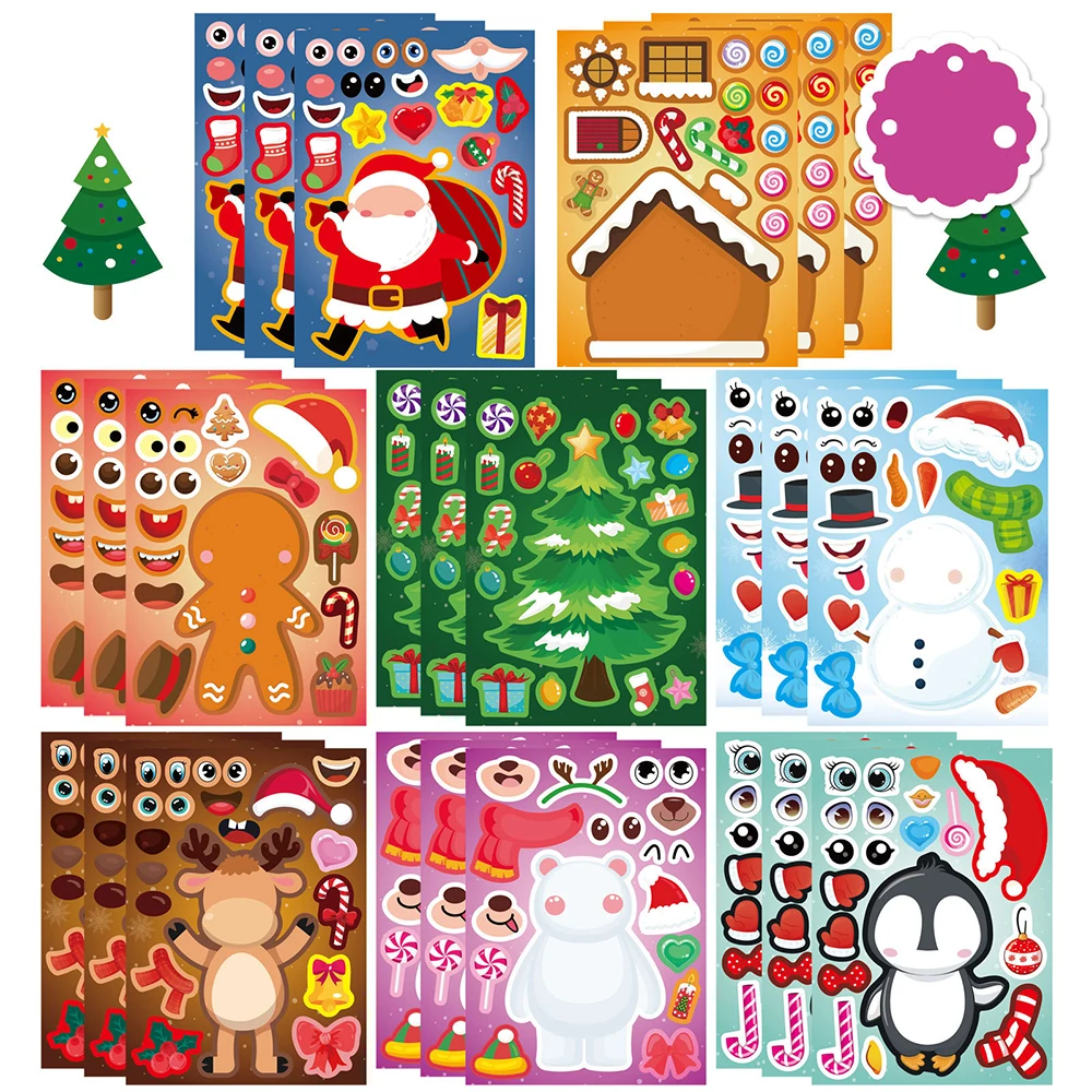 

8/16sheets Cartoon Christmas Santa Claus Puzzle Stickers Make a Face DIY Funny Creative Assemble Jigsaw Educational Toys Decals