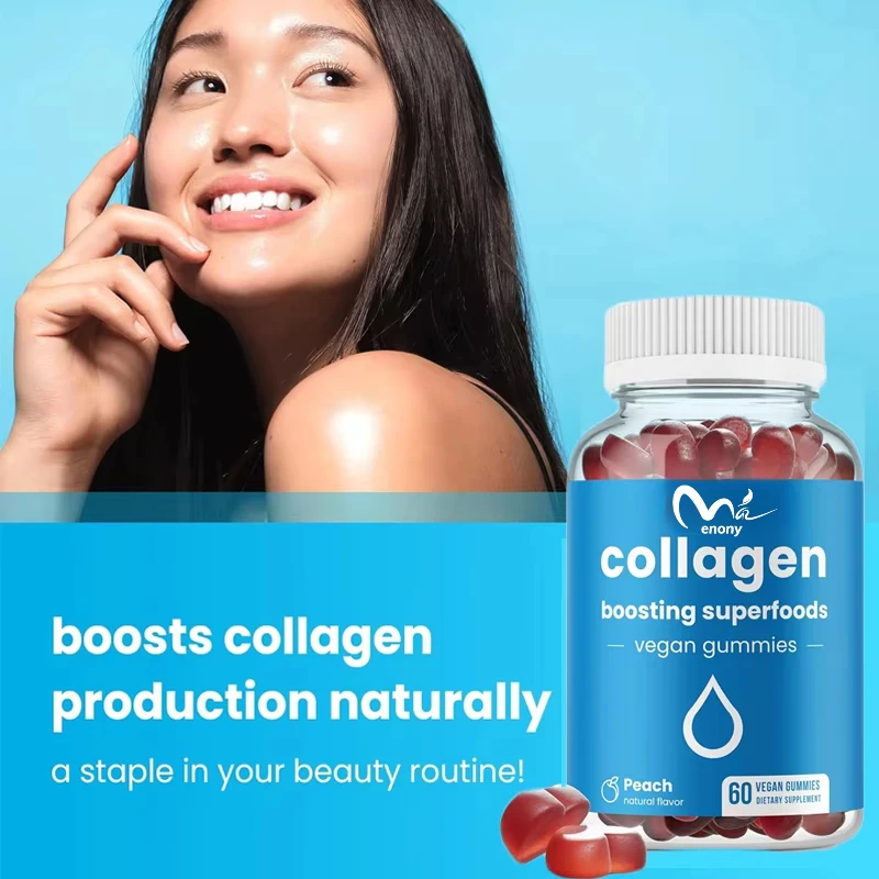 Natural collagen production supports hair, skin, nails, and joint health with 60 peach vitamin vegetarian gummies