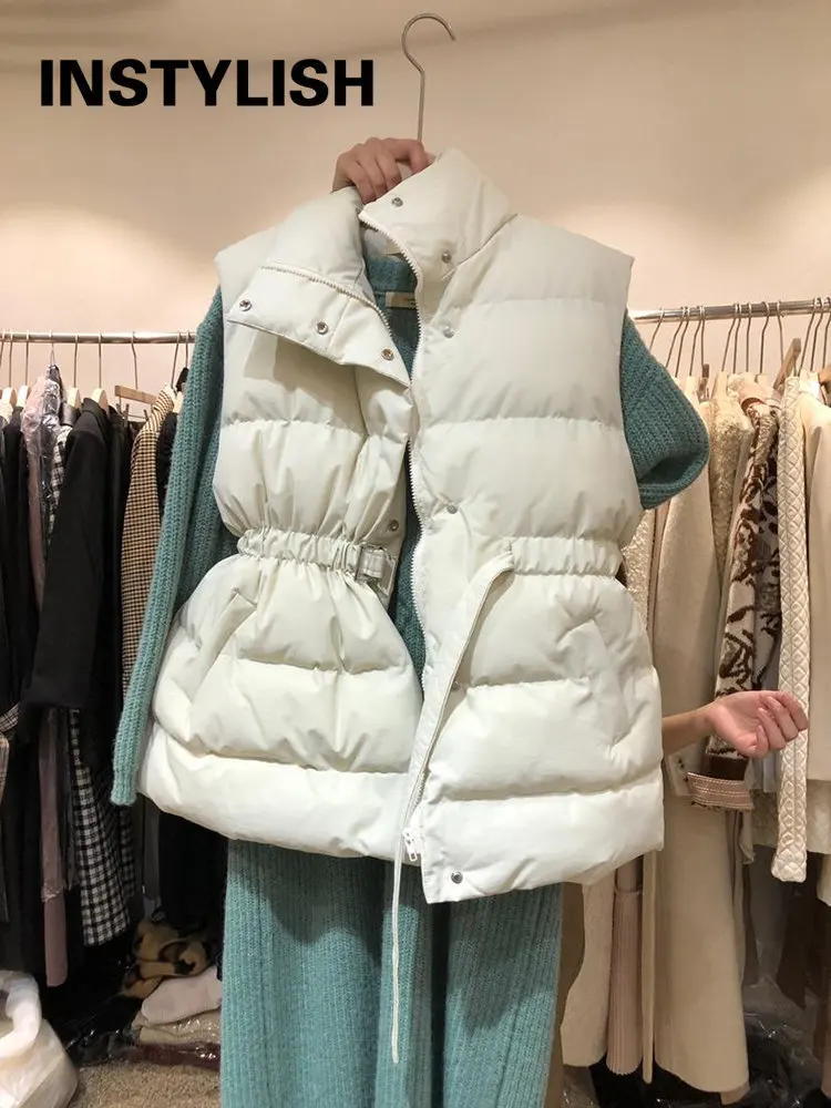 Elegant Puffer Vest Women Winter Stand Collar Sleeveless Jacket Vest with Belt Korean Harajuku Down Coat Casual Waistcoat