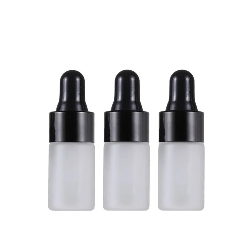 Frascos de muestra pequeños, gotero superior de goma de 1ML, 2ML, 3ML, 5ML, anillo negro, viales de vidrio de escarcha superior rellenables para cosméticos, 100 piezas