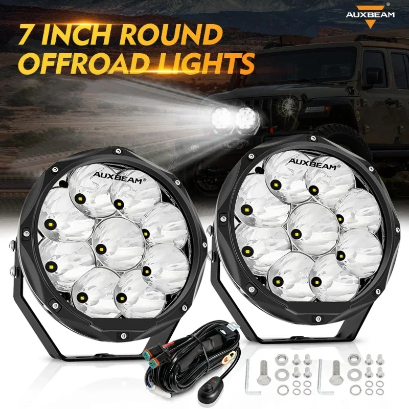 Auxbeam 7 Inch 90W Round LED Driving Light Waterproof Spot Beam Worklight with Harness for Truck Pickup Offroad