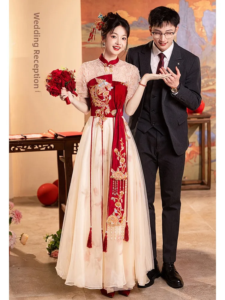 

Ele New Chinese Sle Wedding Dr Women's Embroidered Long Sve A-Line Skirt for Wedding Celebration