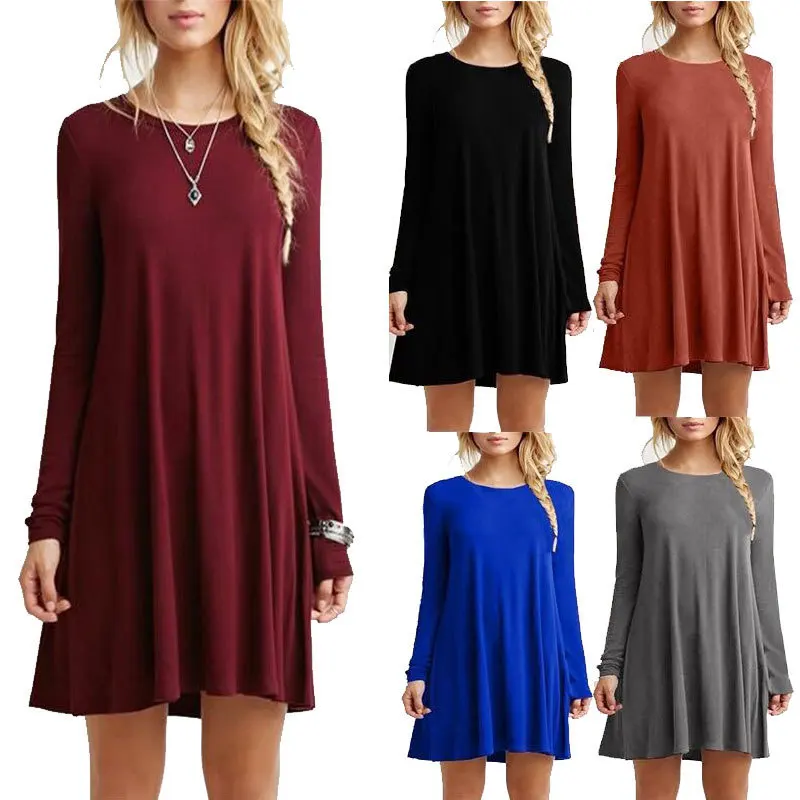 スリム効果のある無地ラウンドネック長袖ゆったりワンピース 春秋冬新作 カスタムデザインサービス服