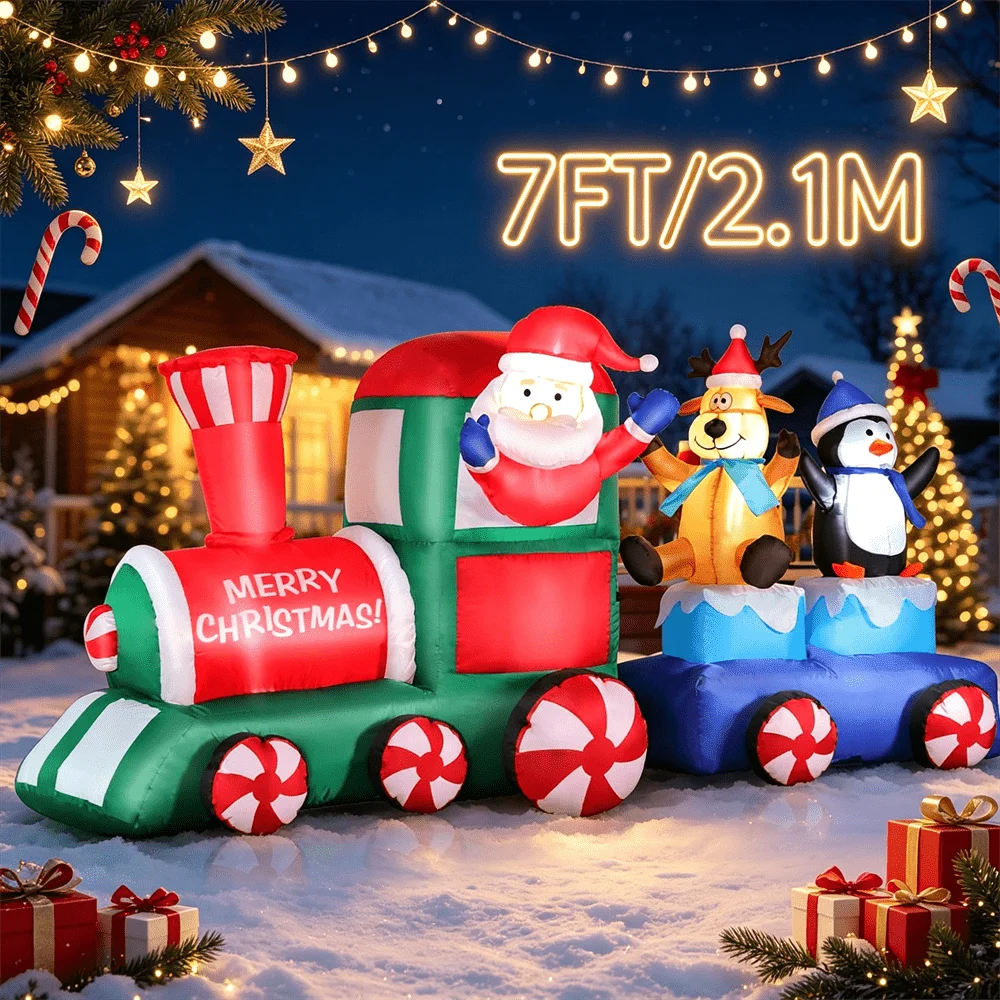 7FT Christmas Inflatable Toy Outdoor Decorations Xmas Train with Santa Claus Reindeer Penguin for Yard  Garden Holiday Decor