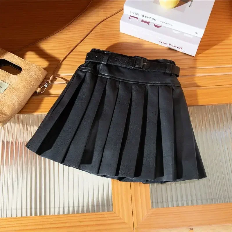 Kids Girls Pleated Skirts Black Khaki Autumn Winter Skirts 2024 New Arrival Teenage Girls PU Leather Skirt High Waist Skirts